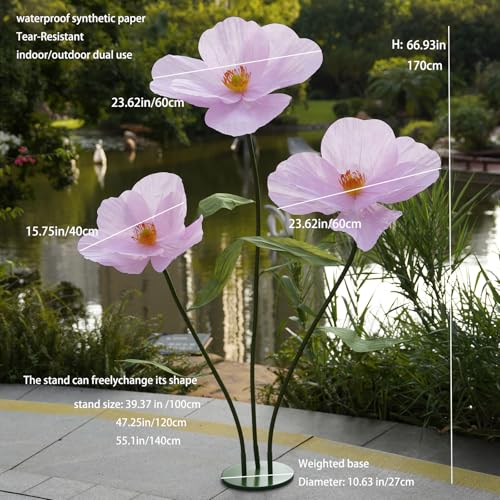 Large Paper Artificial Flowers,Giant Flowers for Decoration,Huge Handcrafted Poppy Fake Flowers with Stand for Home Decor Bridal Shower Party Outdoors Yard Event Backdrop Decor (Pink) - color: Pink