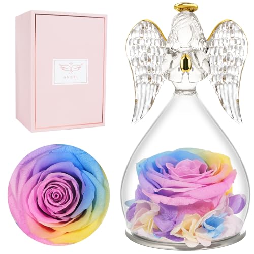 Miofula Gifts for Mom Birthday Gifts for Women, Preserved Flowers Rose in Glass Angel Figurines, Fresh Flowers for Delivery Anniversary Forever Real Roses Gifts for Mothers Grandma Her Wife Girlfriend - color: Rainbow
