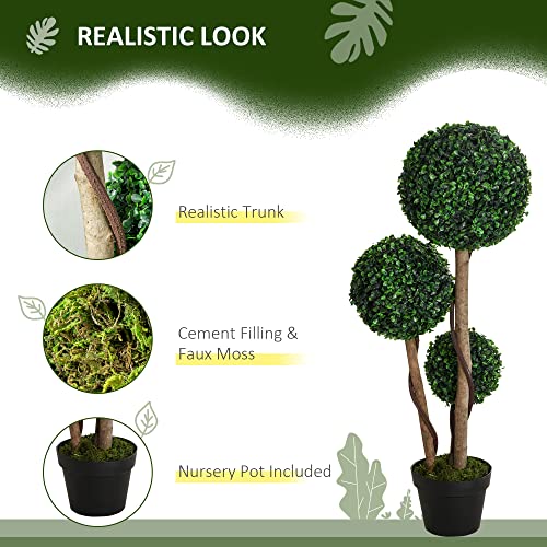 HOMCOM Artificial Plant for Home Decor Indoor & Outdoor Fake Plants Artificial Tree in Pot, 3 Ball Boxwood Topiary Tree for Home Office, Living Room Decor, Dark Green - color: Dark Green
