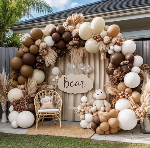 Brown Nude Balloon Arch Kit Double Stuffed Neutral Blush White Sand Balloon Garland Latex Coffee Tan Cream Balloons for Baby Shower Birthday Boho Woodland Wild Bridal Bear Wedding Party Decor - color: Neutral Brown White