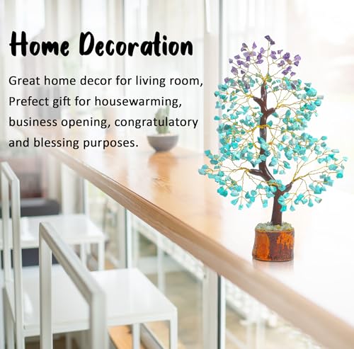 Crocon® Amethyst & Amazonite Tree of Life for Positive Energy feng Shui Tree, Fake Bonsai Tree, Crystals and Healing Stones, Money Tree, Room Decor Stone Tree, Healing Crystals, Spiritual Gifts - color: Amethyst & Amazonite Golden