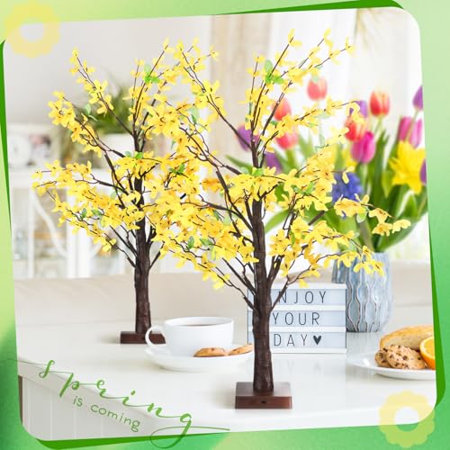 Baquler 2 Pcs Fake Forsythia Tree Lamp Artificial Yellow Flowers Tree Lamp Forsythia Stems Birch Tree with LED Lights Spring Artificial Stem Flowers for Easter Home Party Wedding Holiday Spring Decor