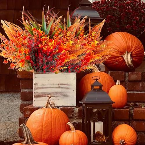 Pack of 9 Artificial Autumn Flowers, Artificial Flowers, Autumn Decoration, Autumn Plants, Shrubs, Plastic Flowers, Autumn Plant Flowers for Indoor, Outdoor, Table, Balcony Box, Flower Box