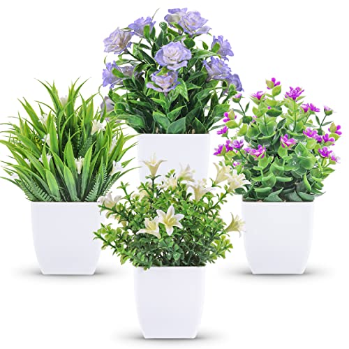 Der Rose 4 Pack Small Fake Plants Mini Artificial Faux Plants Indoor with Flowers Spring Decorations for Home Room Farmhouse Desk House Bathroom Decor - color: White