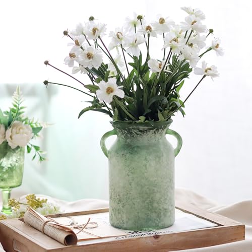 SHMILMH Glass Flower Vase with Handle – 8 Inches Rustic Imitation Ceramic Vase for Flowers, Vintage White Green Centerpiece Decor for Farmhouse, Modern Home, Table & Holiday Decorations - color: White Green