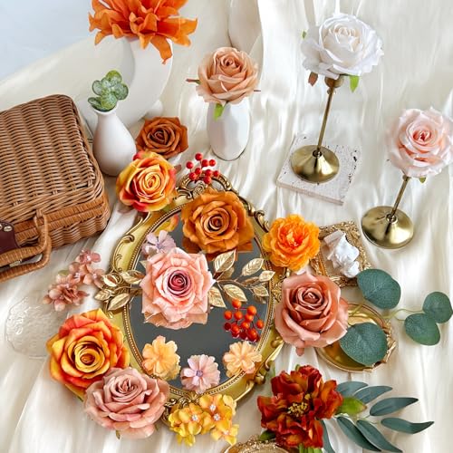 Artificial Flowers Combo Box Silk Burnt Orange Roses with Stems Sunset Terracotta DIY Bridal Wedding Bouquets Fall Boho Cake Fake Floral Arrangements Baby Shower Party Table Centerpieces Home Decor - color: Burnt Orange, Terracotta