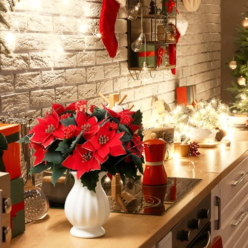 Suncalla 12 Pcs Artificial Poinsettia Bouquet 7 Heads Poinsettia Bush Christmas Flowers Holly Berry Stems with Red Berries Holly Leaves for Home Porch Garden Indoor Outdoor Holiday Xmas Decorations