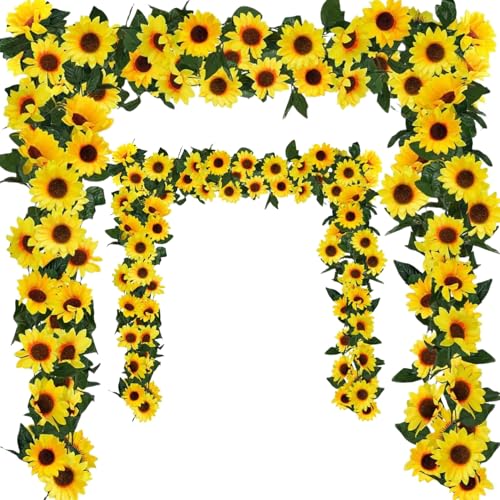 3 Pack Artificial Sunflower Garland Decor,7.5ft Artificial Sunflower Garland Hanging Sunflower Vines with Green Leaves