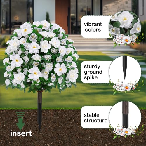 ENVEN Artificial Boxwood Topiary Ball Trees with Ground Spikes UV Resistant Faux Greenery Shrubs Fake Shrubs for Outdoors, Realistic Faux Plants Bushes for Garden Porch Yard Patio Decor (White) - color: White