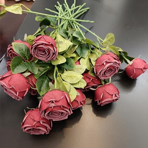 18pcs Artificial Roses, Realistic Fake Roses with Stems, Low Maintenance Real Touch Floral Decor for Home Wedding Table Centerpieces(18, Wine red) - color: Wine Red