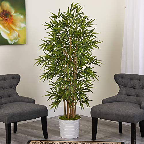 Nearly Natural 64in. Bamboo Artificial Tree in White Tin Planter