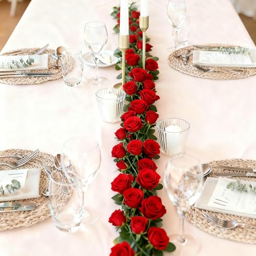 4Pcs Artificial Rose Vines Fake Flowers Garland with Green Leaves Faux Hanging Floral Plants for Bedroom Garden Patio Decor,Christmas Anniversary Wedding Birthday Party Decoration (Red) - color: Red, size: 4Pcs-small rose