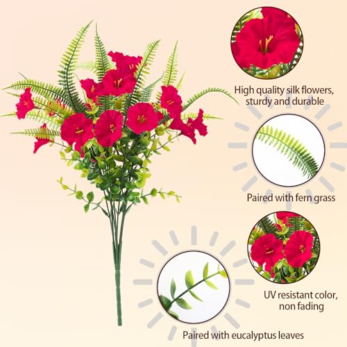 Artificial Flowers for Outdoors 12 Bundles Artificial Petunias Fake Flowers UV Resistant Shrubs Plants with Fern for Indoor Outside Hanging Planters Home Garden Summer Decorations(Rose Red) - color: Rose Red