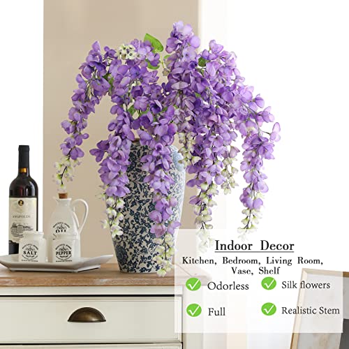 Dailisen 3 Strands 40'' Silk Purple Wisteria Artificial Flowers, Fake Wisteria Floral Hanging Plant Garland, for Home Decor, Party, Floor Vase, Balcony, Wedding Arrangement Decoration (Purple) - color: Purple