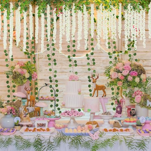 Suncalla 48 Pack Wisteria Hanging Flowers and Ivy Vine Garland Set 24 Artificial Silk Wisteria Vines 24 Fake Greenery Leaves for Wedding Arch Party Baby Shower Home Room Wall Forest Garden Decoration