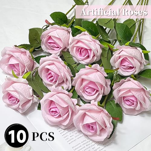 10 PCS Artificial Roses with Long Stems Silk Flowers Realistic Foam Flowers Fake Roses for Valentine's Day Home Wedding Halloween Decor(Light Pink) - color: Light Pink