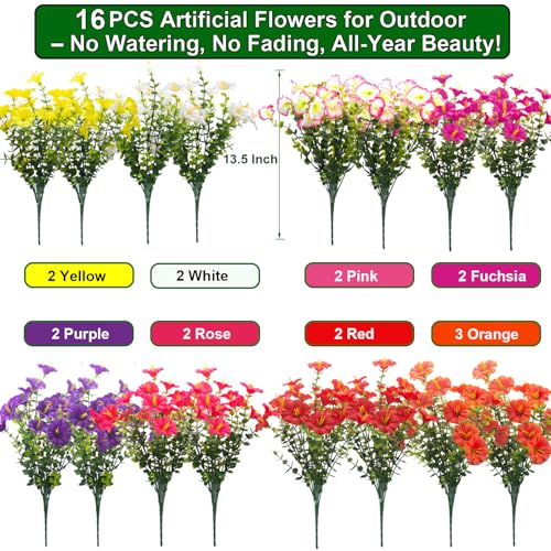 Grunyia Artificial UV Resistant Morning Glory Flowers with Eucalyptus - 16 Bundles Faux Silk Plastic Mixed Color Fake Plants for Outdoor Indoor Porch Patio Planter Yard Garden Home Decor - color: Mix(white,yelow,orange,red,purple,pink,fuchsia, Rose Red)