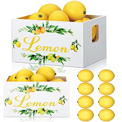 Yulejo Summer Lemon Tiered Tray Decor, Farmhouse Mini Wooden Crate with 8 Pcs Fake Lemons, Lemonade Decorative Box Rustic Table Centerpiece for Kitchen Home Shelf Party Decorations