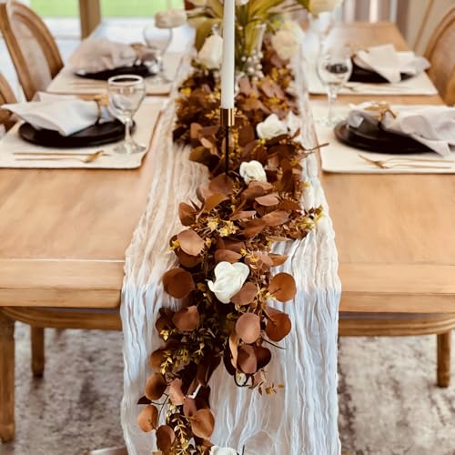 CQURE 3Pcs Eucalyptus Garland,Artificial Eucalyptus Leaves Table Greenery Garland Wreath Vines for Wedding Party Table Fireplace Bedroom Wall Room Decor - size: 17.7 Ft-Brown