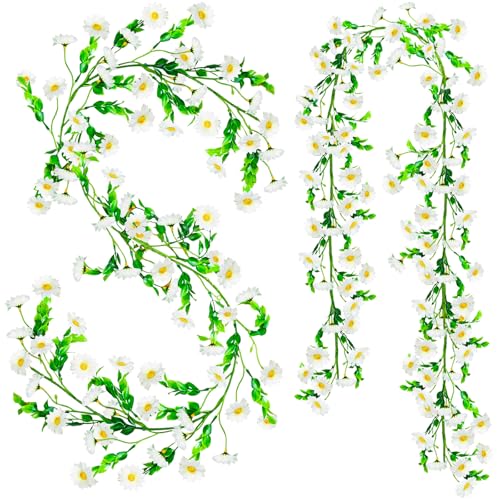 2 Pack Artificial Daisy Flowers Vine, 13.6 Ft Silky Artificial Garland with White Daisy and Vine Floral Garlands Decoration for Room Wall, Flower Themed Party, Wedding Supplies