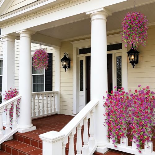 Ammyoo 2Pcs Fake Hanging Flowers for Outdoor Decoration Artificial Hanging Flowers Realistic Daisy Plants UV Resistant, Faux Silk Flower for Porch Patio Window Box Outside Decor(Fuchsia Purple) - color: Fuchsia Purple