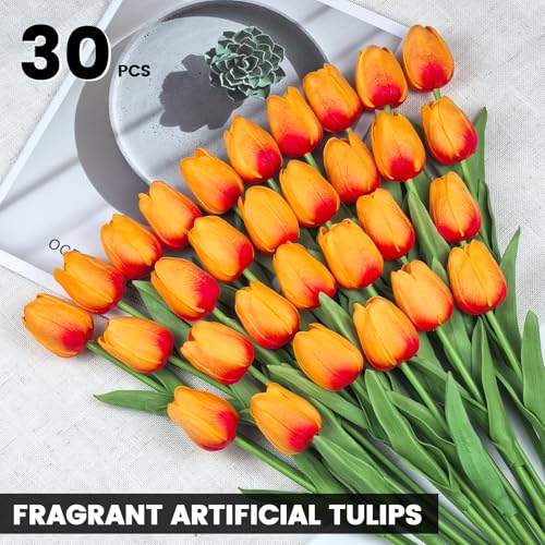 30 PCS Artificial Tulips Real Touch Tulips 13.5inch Long Stem Fake Flowers Silk Flowers for Spring Easter Mother's Day Decorations (Sunset) - color: Sunset