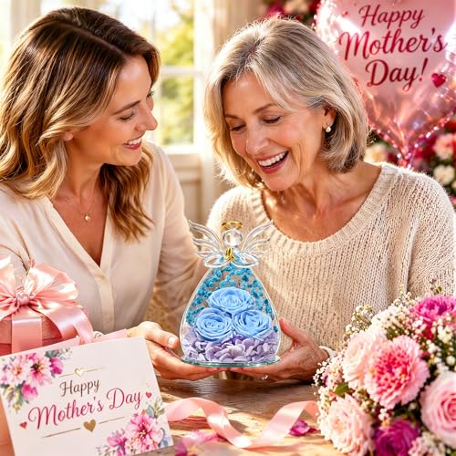 Beferr Gifts for Mom Birthday Gifts for Women, Fresh Flowers for Delivery Forever Preserved Rose in Glass Angel Figurine, Anniversary Christian Real Rose for Grandma Wife Mother from Daughter Son - color: K Light Blue