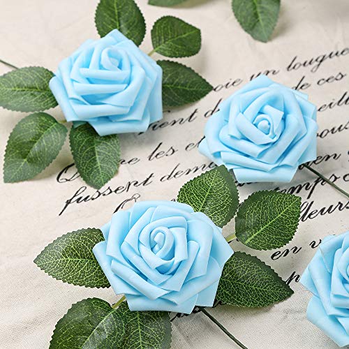IPOPU 30pcs Baby Blue Roses Foam Flowers Artificial Roses with Stems, Fake Roses with Fake Flowers for DIY Wedding Bouquets Baby Shower Centerpieces Floral Party Home Décor (Light Blue) - color: Light Blue