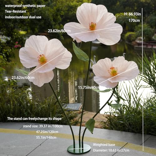 Large Paper Artificial Flowers,Giant Flowers for Decoration,Huge Handcrafted Poppy Fake Flowers with Stand for Home Decor Bridal Shower Party Outdoors Yard Event Backdrop Decor (Champagne) - color: Champagne