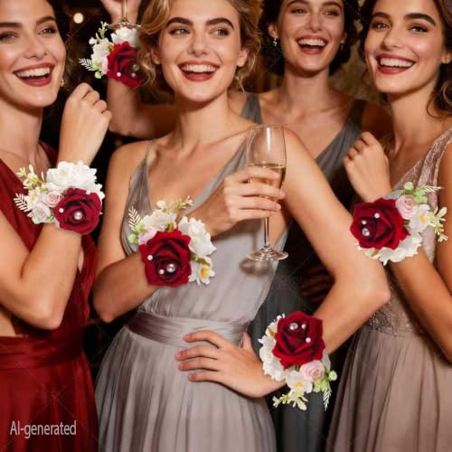 2Pcs Burgundy Dark Red Wrist Corsage for Wedding Prom, Artificial Rose Corsage Wristlet Bracelet for Bridesmaid Bride Flower Girl Party. (Dark-red, 2pcs Wrist Corsage) - color: Dark-red, 2pcs Wrist Corsage