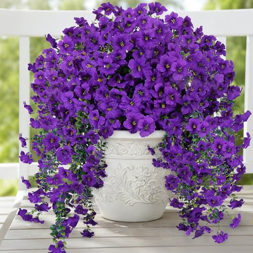 3PCS 396 Heads Morning Glory Artificial Purple Hanging Flowers for Outdoor, Fake UV Resistant Flowers Realistic Trailing Faux Plant for Porch Patio Balcony Yard Decoration - color: Purple