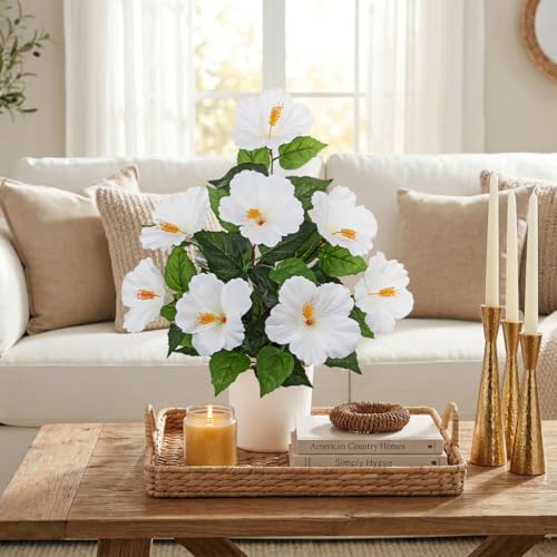 Briful Artificial Hibiscus Potted Plant 20.8” Tall, Realistic Silk Hibiscus Flowers Farmhouse Table Decor, Faux Tropical Flower Plant in Pot for Living Room Table, Entryway, Office, Home Decor, White - color: 20.8'' White