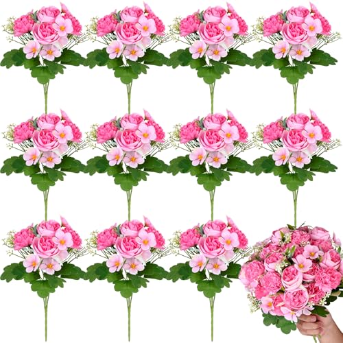 Olgaa 12 Bundles Peonies Artificial Flowers Fake Hydrangea Silk Peony Bouquet Bulk for Vase Floral Arrangements Wedding Arch Decor Centerpiece Table Decorations (Dark Pink) - color: Dark Pink