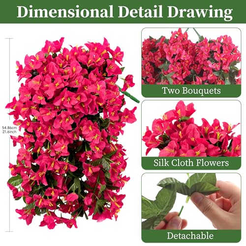 Artificial Bougainvillea Hanging Flowers Plants - 2 PCS faux Bougainvillea artificial flowers with Long Trailing Vines for Outdoor Decoration, Perfect for Porch, Garden, Urn Patio Balcony (Rose Red) - color: Rose Red