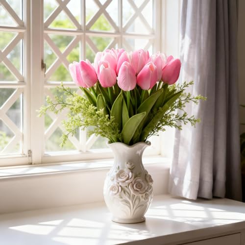 Artificial Tulips Bridal Wedding Festival Decor Bouquet Real Touch PU Flower Bouquet Pack of 20 (Pink) - color: Pink