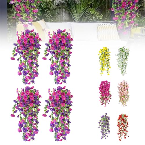Artificial Flowers for Outdoors Fake Morning Glory Hanging Flower Decoration, 4 Pcs Realistic Faux Plants Petunias Trailing Vines, Spring Decor for Porch Patio Balcony Planter Yard(Purple+Fuchsia) - color: Purple+fuchsia, size: 4 Pcs