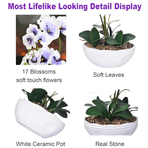 19" H Phalaenopsis Faux Orchid Plant Silk Orchid Centerpiece Artificial Floral Arrangement in Ceramic Pot (White and Purple) - color: White and Purple