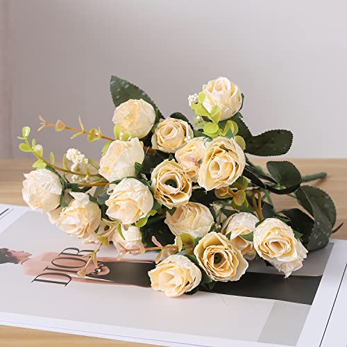 Duovlo 7 Branch 21 Mini Rose Heads Artificial Flowers Bouquet Wedding Home Office Decor,Pack of 2 (2 PCS Champagne) - color: 2 Pcs Champagne