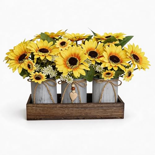 Artificial Sunflower Decorative Centerpiece, Rustic Table Centerpieces Home Decor for Dining Room, Farmhouse Wood Planter Box with 3 Galvanized Metal Pots Decorative - style: Sunflower Plant