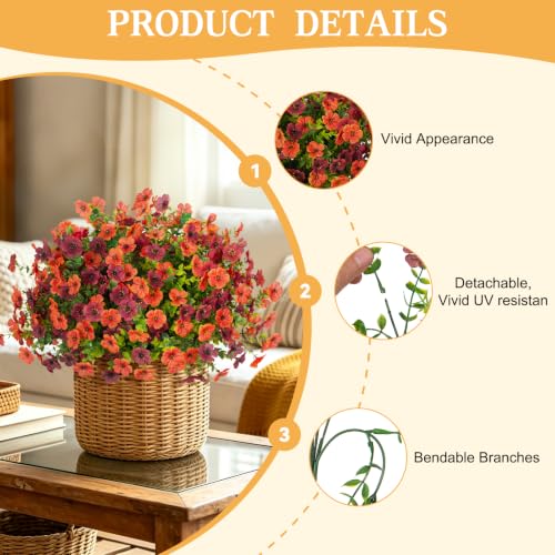 ADXORA 12 Bundles Fake Artificial Mums Fall Flowers for Outdoor Decoration Faux Silk Flowers for Outdoor Planters UV Resistant Colorful Violets Eucalyptus for Home Porch Patio Yard Décor - color: Green Leaves-brown, Orange