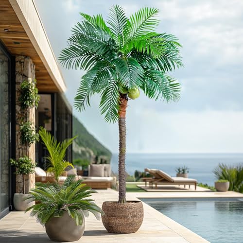 Erimda 30-Year Factory Faux Coconut Tree - 9.1FT Faux Palm Tree Realistic Thick Trunk & Heavy Duty Leaves, Hand-Carved Bark Texture, Indoor Tropical Decor for Living Room/Store, No Shiny Plastic Look - color: Palm Tree, size: 9.1FT