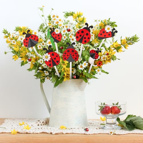 TICIAGA Summer Ladybug Wooden Picks - 14PCS Cute Ladybug Insect Double-Sided Wooden Decorative Picks for Home Vase Filler, Farmhouse Garden Theme Floral Pick for Summer Party Spring Holiday Supplies - color: Ladybug