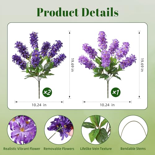 Artificial Flowers 3 Pcs Hyacinth Fake Flowers 19.69” Silk Flowers for Outside, Delphinium Outdoor Faux Flowers Fake Plants for Porch Patio Balcony Yard Indoor Home Decor - color: 2pcs Purple & 1pcs Light Purple