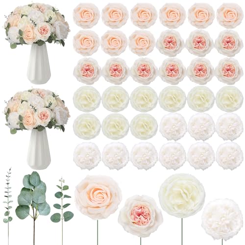 Suncalla 98 Pcs Artificial Flowers Bouquet Assorted Faux Flowers Heads with Stem Eucalyptus Leaves Silk Floral Table Centerpiece for DIY Wedding Party Wreath Home Decor(Champagne Color) - color: Champagne Color