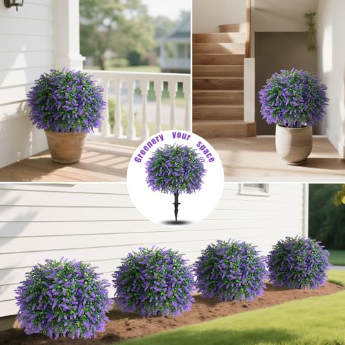 Yangrass Artificial Lavender Topiary Ball Trees with Ground Spike, Set of 2 UV Resistant Artificial Shrubs, Fake Evergreen Artificial Plant Bush for Indoor Outdoor Front Porch Garden - color: Lavender