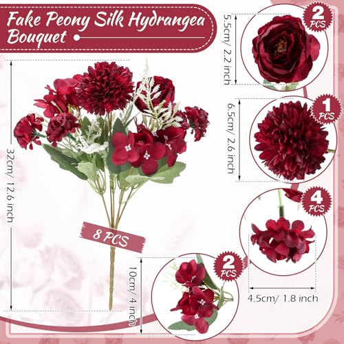 Lyrow 8 Pcs Peony Artificial Flowers Fake Silk Hydrangea Bouquet Elegant Peony Flowers for Wedding Decoration Faux Realistic Floral for Home Party Table Centerpieces Arrangement (Claret) - color: Claret