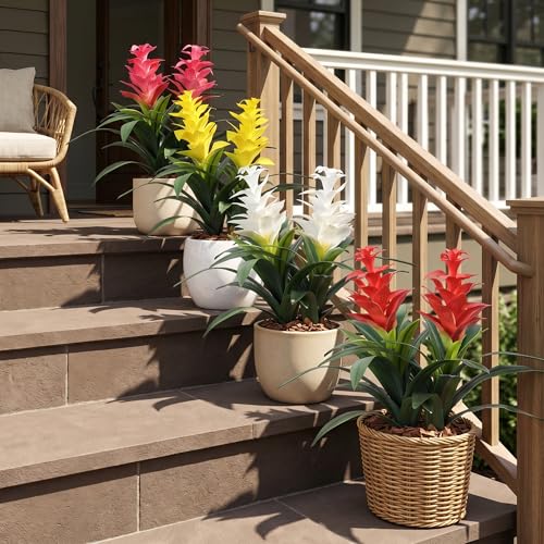 Ivydale Fake Flowers Plants for Outdoors, 2 Pcs 16.93" Bromeliad Artificial Flowers Uv Resistant Realistic Faux Flowers for Outdoor Planters Outside Porch Patio Yard Garden Indoor Decoration(Red) - color: Red