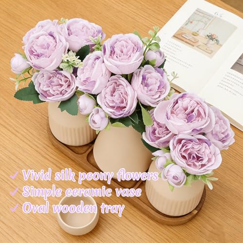 Flower Table Centerpiece - Dining Table Centerpiece Decor Set of 3 Fake Peonies in Ceramic Vases & Wood Tray Modern for Kitchen Island Living Room Coffee Table Home Decor (Light Purple) - color: Light Purple
