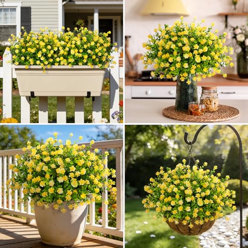 Ouddy Decor 24 Bundles Artificial Flowers for Outdoors Decoration Fake Flowers UV Resistant Faux Plastic Greenery Eucalyptus Plants for Spring Summer Garden Patio Indoor Outdoor Home Decor, Yellow - color: Yellow