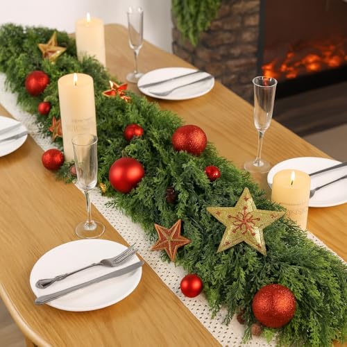 Cedar Garland 6ft Christmas Garland Real Touch Garland Artificial Realistic Greenery Cypress Pine Garlands for Mantle, Fireplace, Stairs,Table, Doorframe Vintage Outdoor Indoor Christmas Decorations